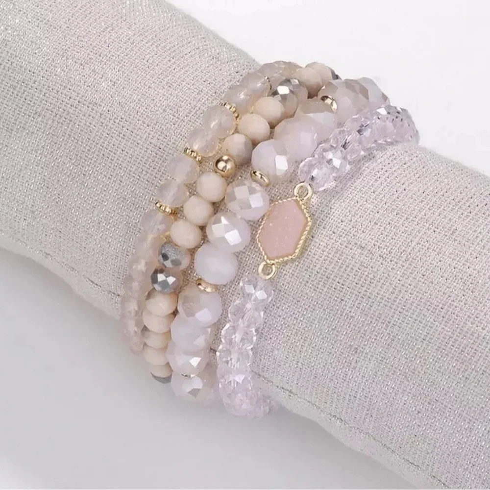 NEW Bracelet Pack - Druzy Beads - Pink - Set of 4 - Stretchy - Picture 1 of 1